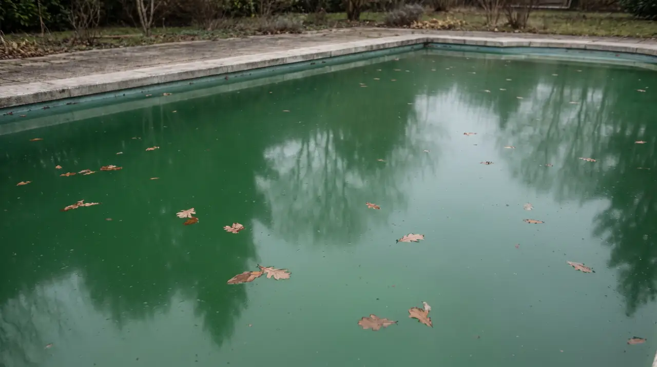 Piscina con el agua verde por algas, antes de recuperar el agua